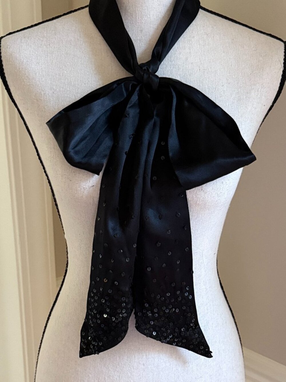 Vintage Long Narrow Black Satin Scarf with Sequins for Bow Women's Neck Tie
